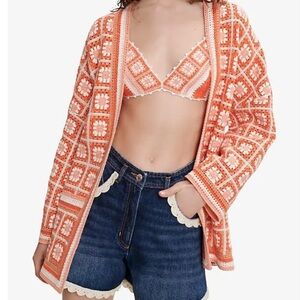 NWT MAJE Mathiou Crocheted Cotton Cardigan Sweater Orange S